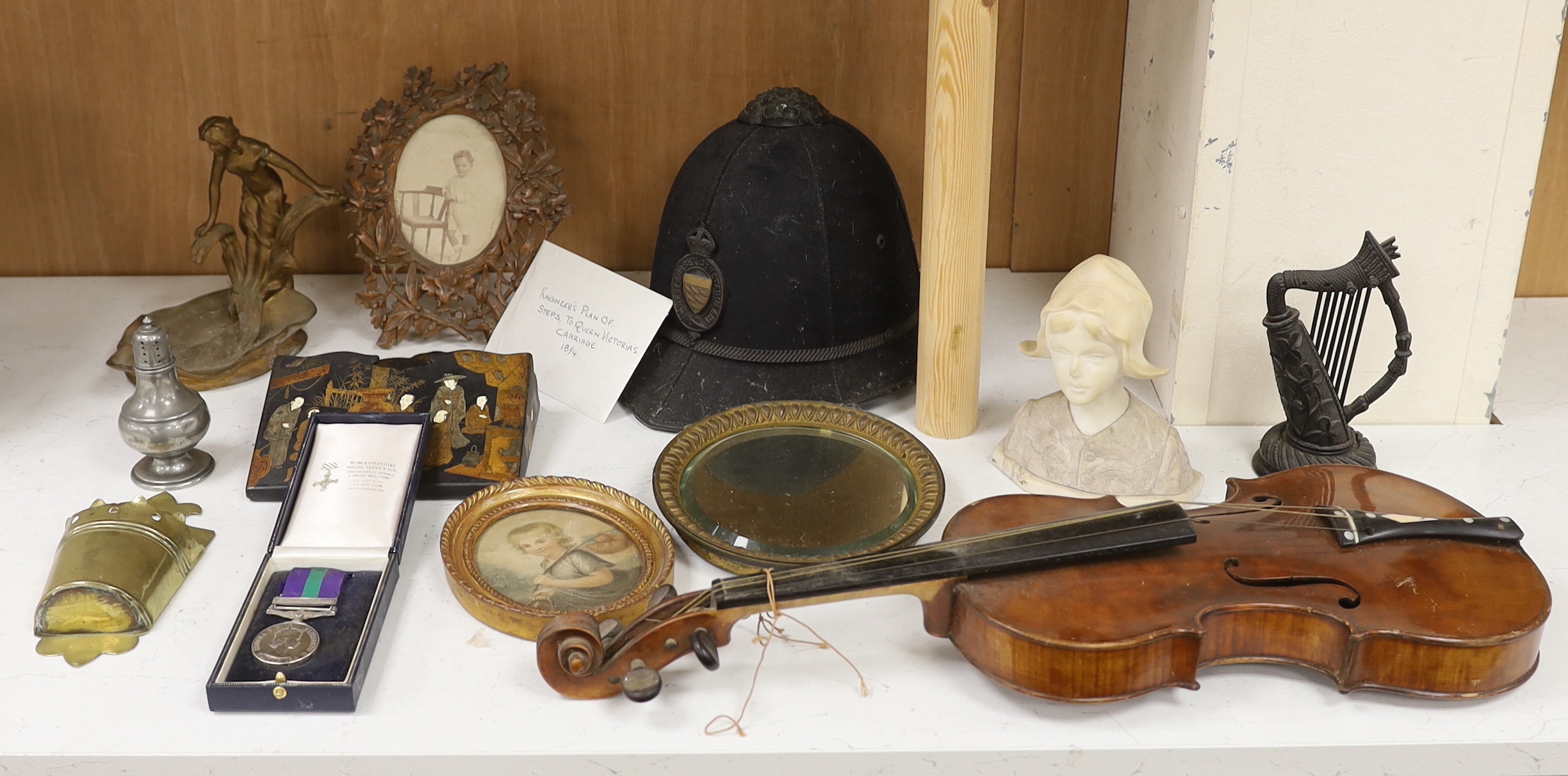Mixed collectables - An early 20th century violin, interior label reads ‘Nicolaus Amatus fecit in Cremona 1651 Made in Czechoslavia’, an QEII General Service medal, CANAL ZONE bar, to AC1 P G DARLINGTON (2523204) RAF, a